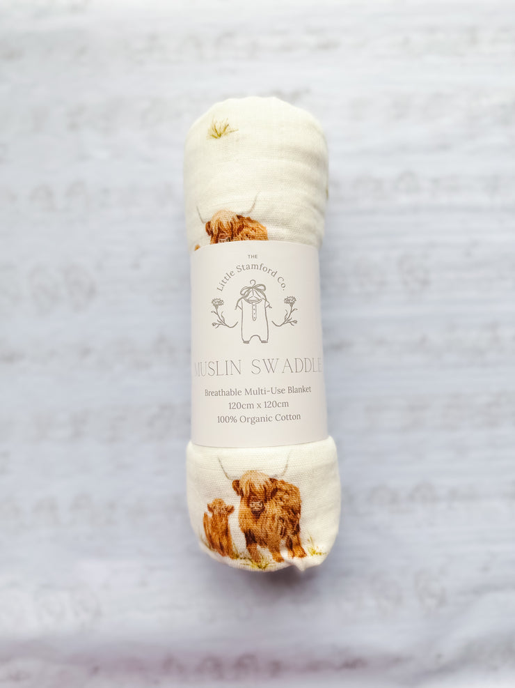 Highland Coo Muslin Swaddle Blanket