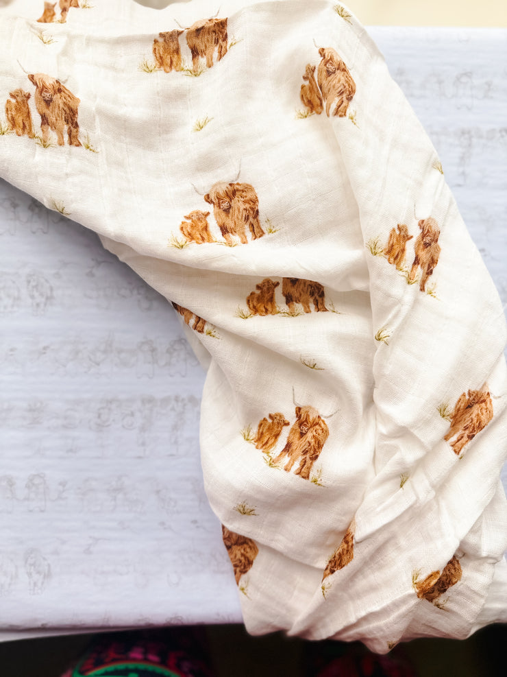 Highland Coo Muslin Swaddle Blanket