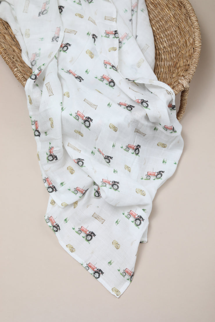 Tractor Muslin Swaddle Blanket