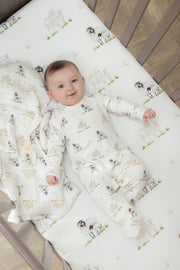 Sheep Lamb organic cotton cot bed sheet for baby and toddler displayed in cot by The Little Stamford Co